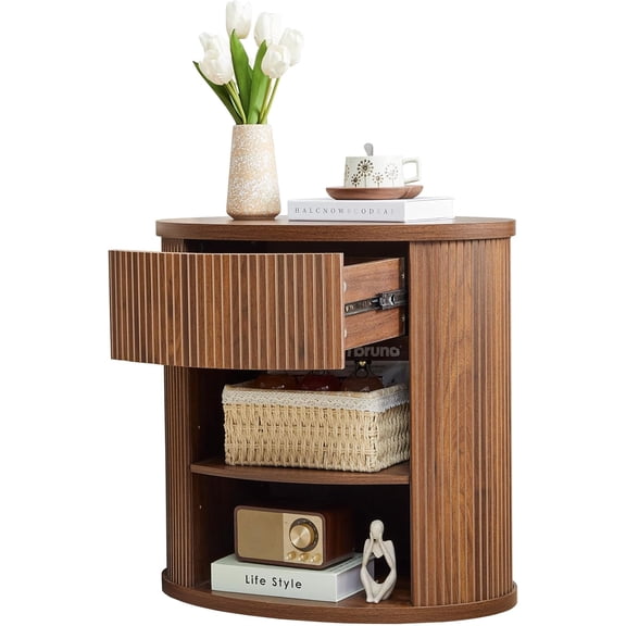 Fluted Round End Table with Storage, Farmhouse Side Table with Drawer and Open Shelf, Small Night Stand Table for Dorm, Bedroom, Sofa Side Table for Living Room - Walnut