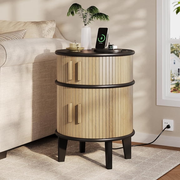 Fluted Round End Table with Storage, Mid-Century Modern Side Table with Charging Station, Small Wood Nightstand Bedside Table for Small Space Sofa Couch Bedroom Living Room (Oak)