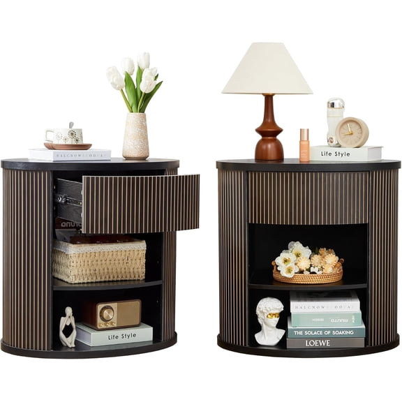 Fluted Round End Table with Storage Set of 2, Mid Century Modern Side Table with Drawer and Open Shelf, Small Night Stand Table for Dorm, Bedroom, Sofa Side Table for Living Room - Black