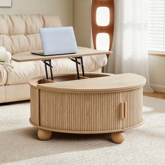 Fluted Round Lift Top Coffee Table with Hidden Storage, 33.5" Modern Boho Center Table with Sliding Tambour Door & Solid Wood Legs, Circle Coffee Table for Living Room, Small Space, Natural