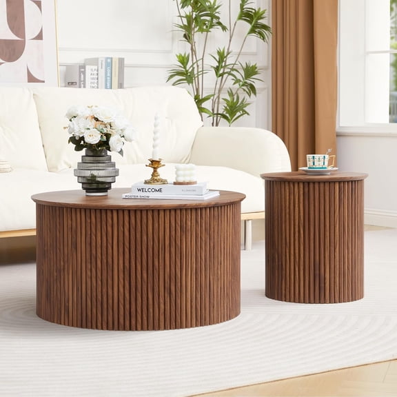 Fluted Round Nesting Coffee Table Set of 2, Circle Center Table for Living Room | Walnut Mid Century Modern Wood Coffee & End Table Set, Wood Side Table Minimalist