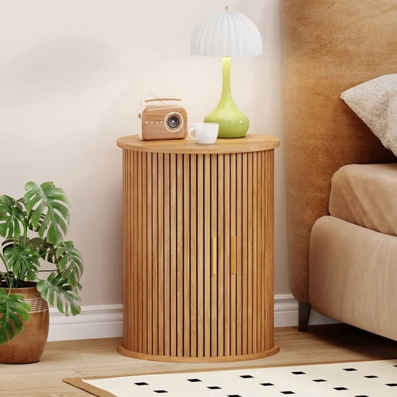 Fluted Round Side Table, Mid Century Modern Night stand with Sliding Tambour Door and Storage Shelf, Wood Bedside Table, End Table for Small Space,Bedroom, Living Room
