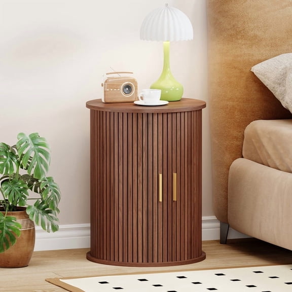 Fluted Round Side Table, Mid Century Modern Night stand with Sliding Tambour Door and Storage Shelf, Wood Bedside Table, End Table for Small Space,Bedroom, Living Room