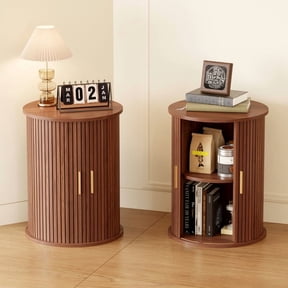 Fluted Round Side Table Set of 2, Mid Century Modern Night stand with Sliding Tambour Door and Storage Shelf, Wood Bedside Table, End Table for Small Space,Bedroom, Living Room