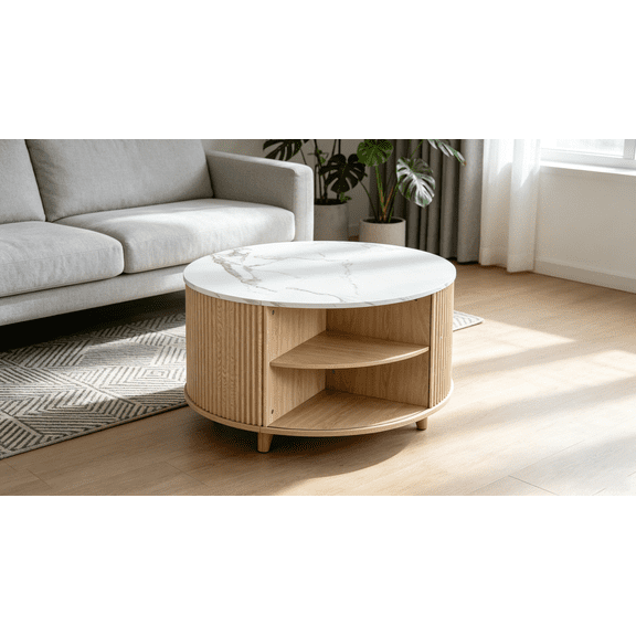 Fluted Round Storage Coffee Table With Marble Top And Unique Design For Modern Living