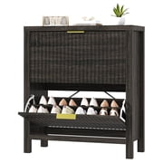 Fluted Shoe Cabinet Storage with 2 Flip Drawers for Entryway, Hallway | Narrow Shoe Rack Freestanding Shoe Organizer with Legs for Entryway Hallway, Dark Gray