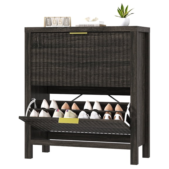 Fluted Shoe Cabinet Storage with 2 Flip Drawers for Entryway, Hallway | Narrow Shoe Rack Freestanding Shoe Organizer with Legs for Entryway，Hallway, Dark Gray