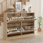 Natural Oak Fluted Wooden Shoe Cabinet with 4 Flip Drawers, Adjustable & Removable Shelves, Slim Freestanding Shoe Organizer for Entryway or Hallway