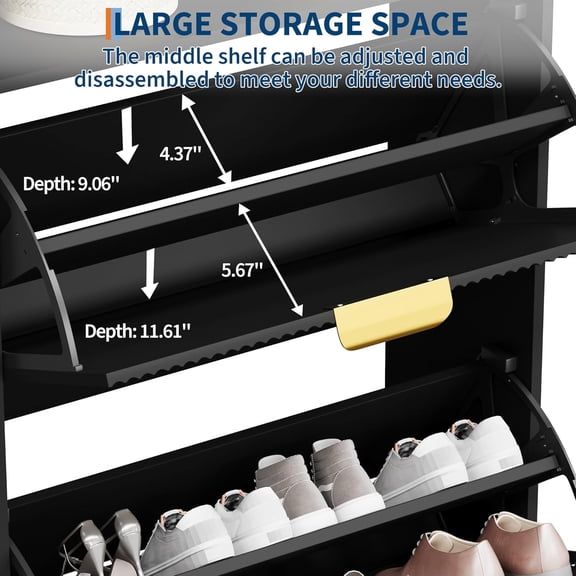 Fluted Shoe Cabinet Storage for Entryway Wood Shoe Rack with 2 Flip Drawers and Open Shelf Modern Entryway Organizer for Foyer/Hallway/Entrance -Black
