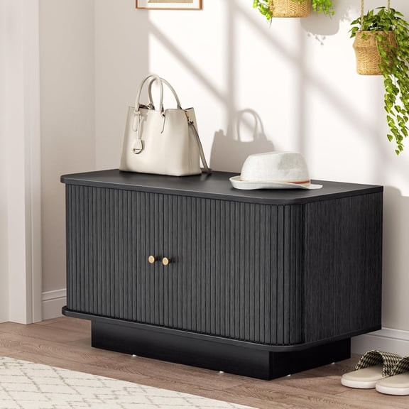 Fluted Shoe Storage Bench, 31" W Small Entryway Bench with Sliding Door, Mud Room Benches with Seat, Upholstered Wooden Rack Organization for Living Room, Apartment, Dorm, Black