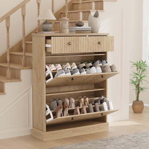 Fluted Shoe Storage Cabinet with 2 Flip Drawers & Top Drawer, 42" Tall Narrow Shoe Organizer, Curved Profile Design, Wooden Shoe Rack for Entryway, Hallway - Natural Oak