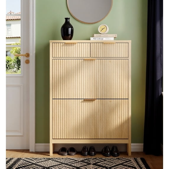 Fluted Shoe Storage Cabinet with 2 Storage Drawers & 2 Flip Drawers, Modern Narrow Shoe Organizer Cabinet with Adjustable Shelf for Entryway, Hallway, Front Door Entrance, Oak Natural