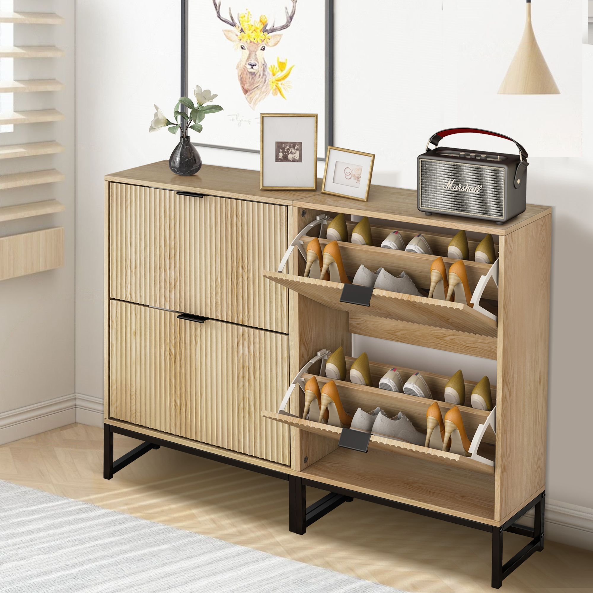 Fluted Shoe Storage with 2 Flip Drawers, Modern Slim Shoe