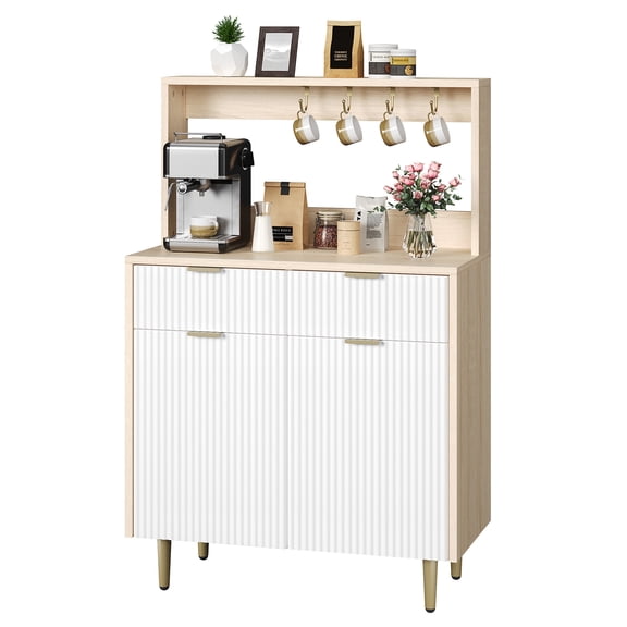 Fluted Sideboard Buffet Cabinet with 2 Drawers and Adjustable Shelf, Grey Storage Cabinet for Dining Room, Kitchen, Entryway, Coffee Bar, Console Table with Metal Legs