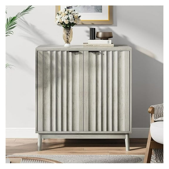 Fluted Sideboard Buffet Cabinet - 31.5” Modern Storage for Living Room, Kitchen, Entryway - Light Grey, 2 Carved Doors, Coffee Bar Station