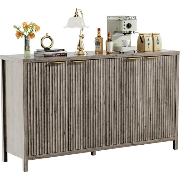 Fluted Sideboard Buffet Cabinet, 55" Large Storage Buffet Cabinet with 4 Doors and Adjustable Shelves, Modern Sideboard Console Table for Living Room,Entryway,Dinning Room,Kitchen-Grey