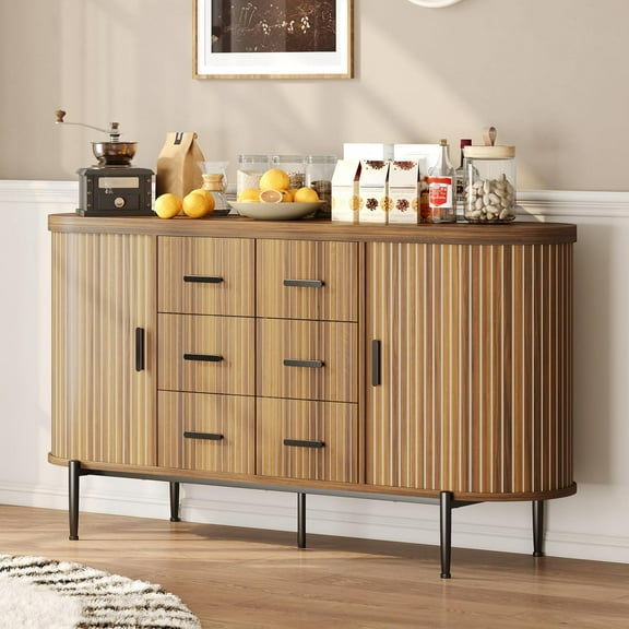 Fluted Sideboard Buffet Cabinet, Kitchen 59in Large Credenza Storage Cabinet Media TV Console Table with 6 Drawers and 2 Sliding Doors for Living Room Entryway, Walnut