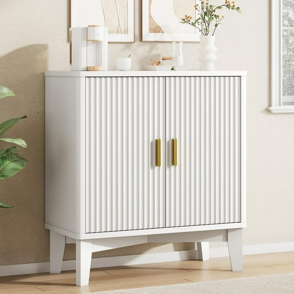 Fluted Sideboard Buffet Cabinet with Storage, 30" Mid Century Modern Coffee Wine Bar with Adjustable Shelves, Small Wood Buffet Table with 2 Doors for Kitchen, Living Room, Dining Room, White