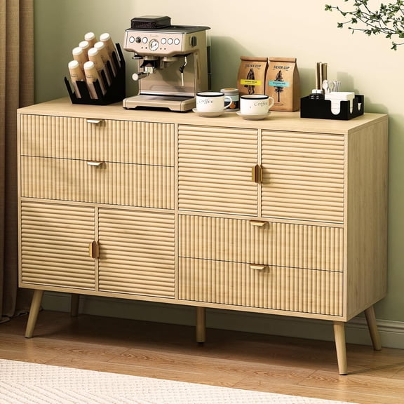 Fluted Sideboard Buffet Cabinet with Storage, 4 Drawers & 4 Doors, 47" Mid Century Modern Coffee Bar Station, Boho Wood Storage Cabinet for Living Room, Kitchen, Entryway, Oak