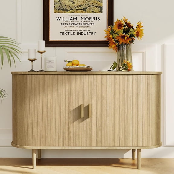 Fluted Sideboard Buffet Cabinet with Storage, 47" Mid-Century Modern Console Table with Sliding Doors, Wood Credenza for Dining Room, Coffee Bar Station, Light Oak