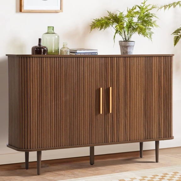 Fluted Sideboard Buffet Cabinet with Storage, 47" Mid Century Tambour Cabinet with Slide Doors and Shelves, Modern Buffer Cabinets Console Table for Living Room Kitchen Entryway (Brown)