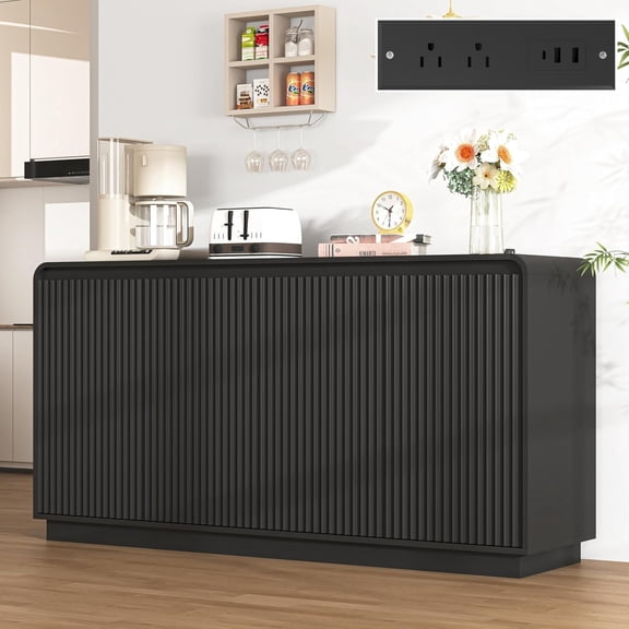 Fluted Sideboard Buffet Cabinet with Storage,59" Modern Credenza Wood Accent Cabinet Media Console Cabinet with Adjustable Shelves & Charging Station for Living Room Entryway(Black)