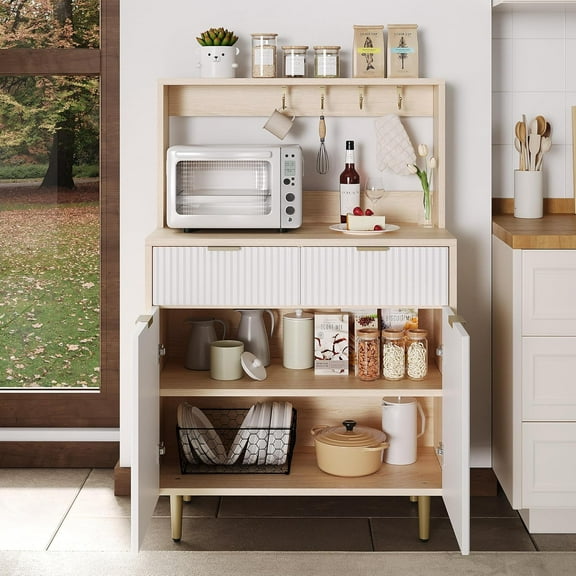 Fluted Sideboard Buffet Cabinet with Storage, Modern Coffee Bar Cabinet with 2 Drawers & Adjustable Shelves, Wood Buffet Console Table for Dining Room, Kitchen, Living Room, Hallway - Natural