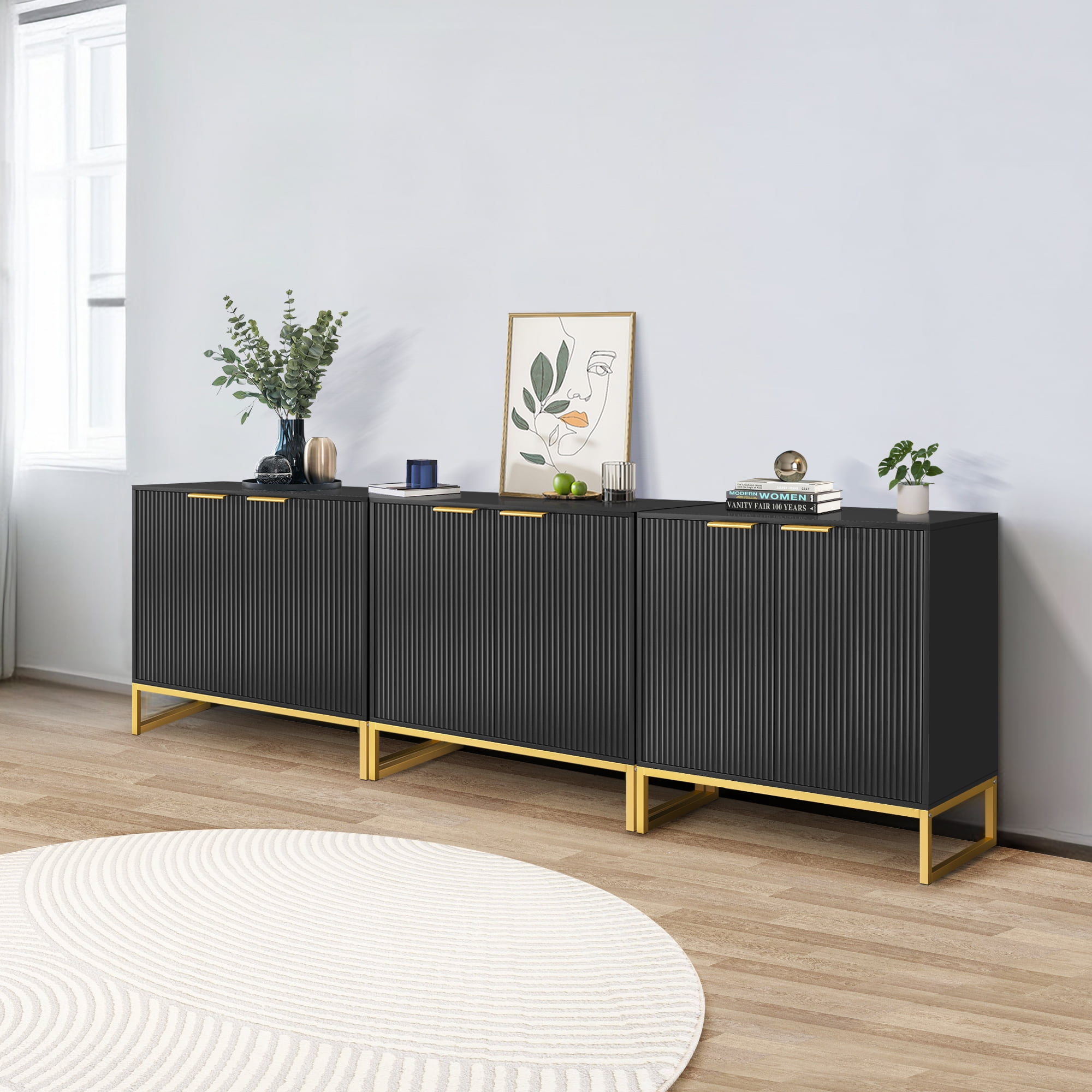 Fluted Sideboard Cabinet, Buffet Cabinets With Storage,Flute Cabinets, Wooden Cabinet With Doors And Shelves, Accent Console For Living Dining Room