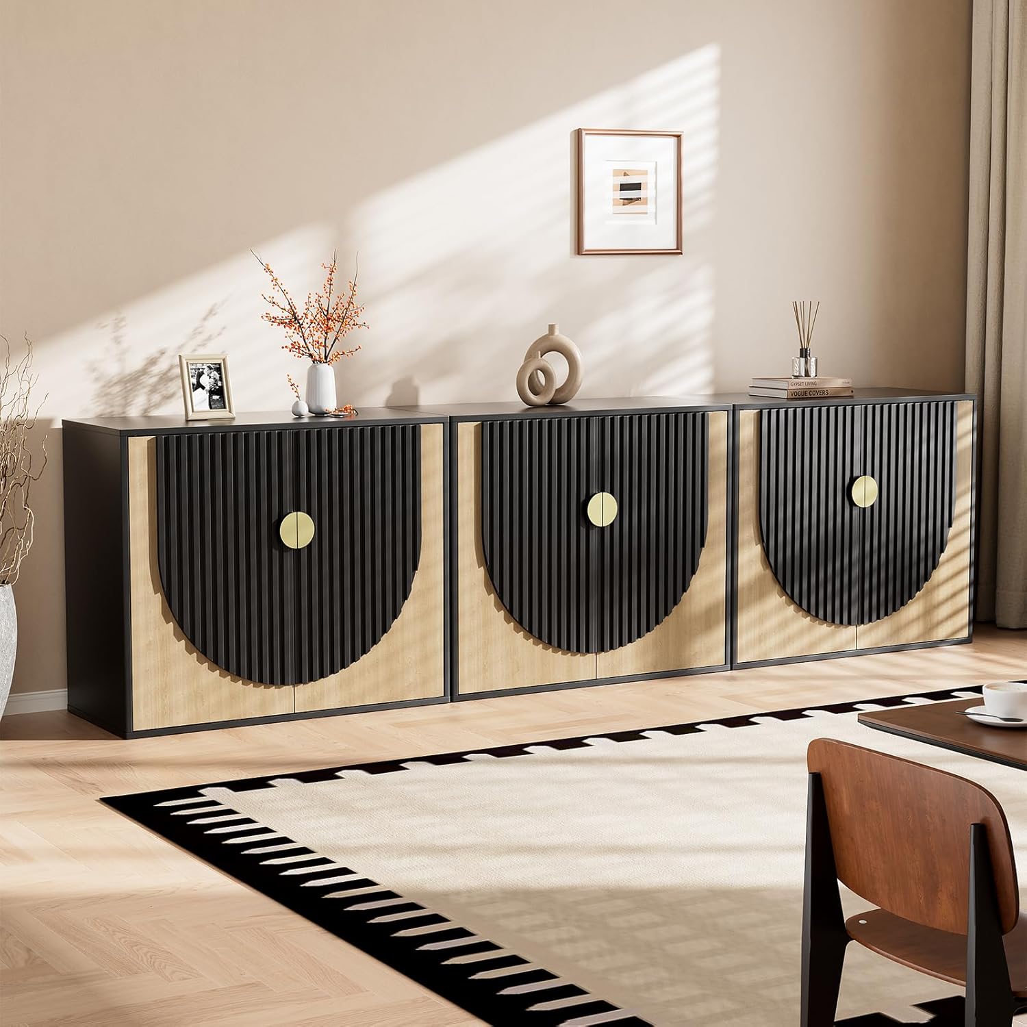 Fluted Sideboard Buffet Cabinet with Storage Set of 3, Modular Modern ...