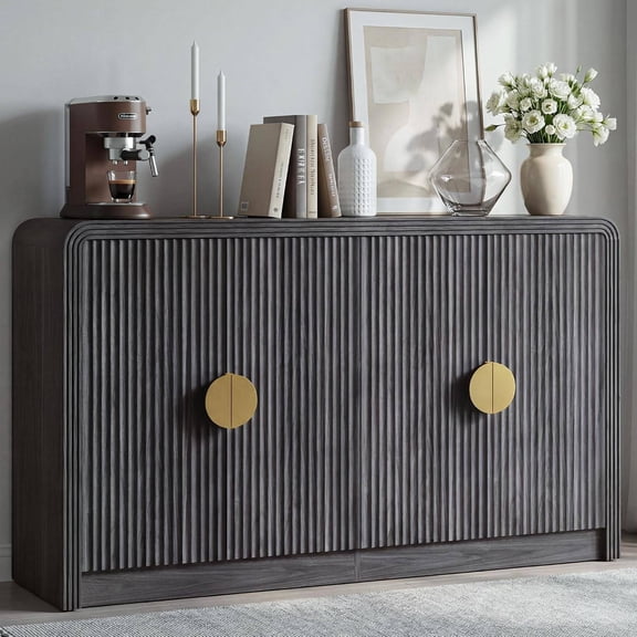 Fluted Sideboard Buffet Cabinet with Storage, Wooden Modern Console Cabinet with Adjustable Shelves & Rounded Corners, Coffee Bar Table for Dining Room or Hallway (Black Walnut)