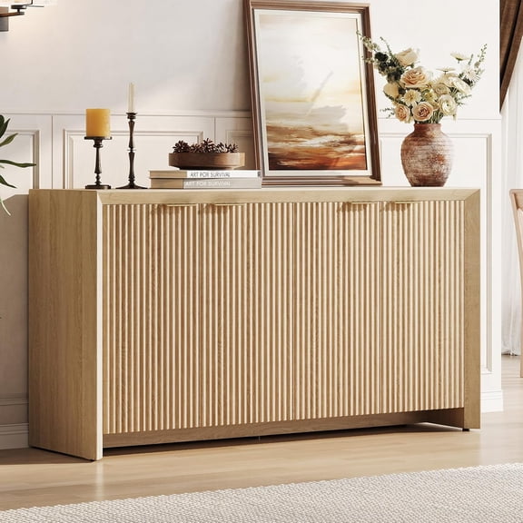 Fluted Sideboard Buffet Cabinet with Storage, Wooden Modern Fluted Sideboard with 4 Doors and 5 Adjustable Shelves, Coffee Bar Table for Dining Room, Hallway, Kitchen (Natural Oak)