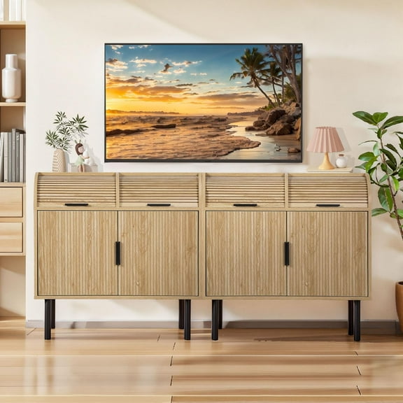 Fluted Sideboard Buffet Cabinet with Tambour Sliding Drawer, Small Buffet with 2 Doors, Mid-Century Wood Storage Sideboard for Living Room, Dining Room, Kitchen (Natural, 2 Set)