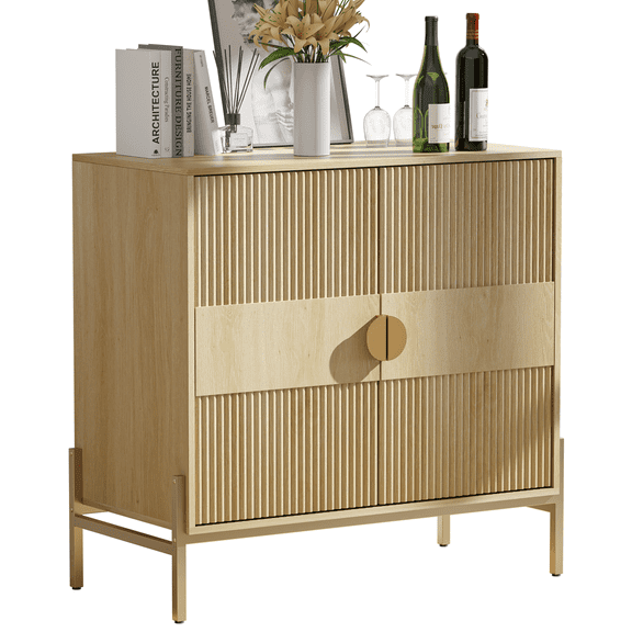 Fluted Sideboard Buffet Cabinet with Gold Metal Legs, Modern Wood Storage Credenza for Living Room, Dining Room, or Kitchen, Oak Finish