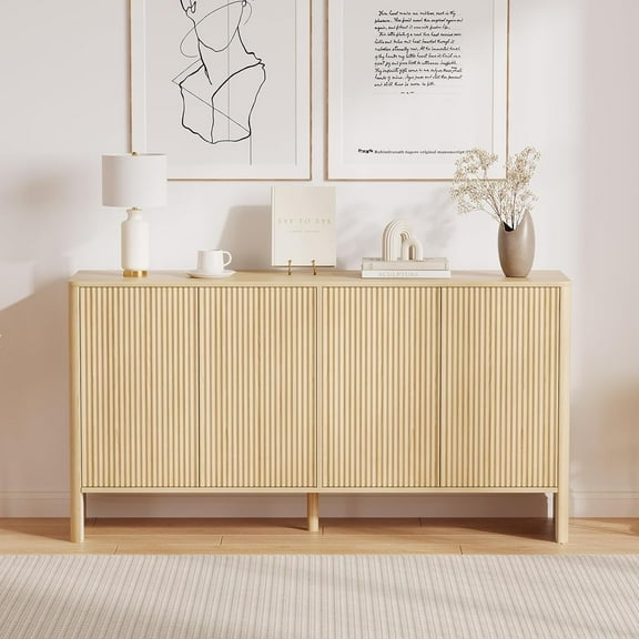 Fluted Sideboard Buffets Cabinet 58''Modern Accent Storage Cabinet  with 4 Doors and Adjustable Shelves Wood Coffee Bar Storage Cabinet for Kitchen Dining Living Room