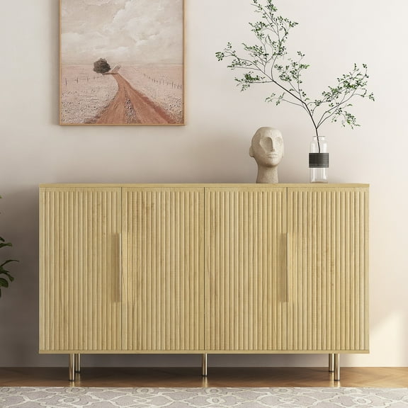 Fluted Sideboard Buffets Cabinet with Doors, Modern Black Credenza with Adjustable Shelves, Storage Console Table for Living Room, Entryway, Wood