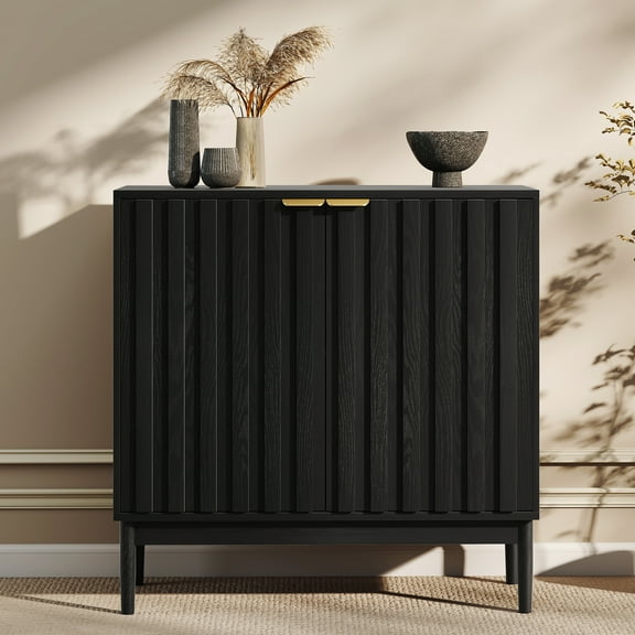 Fluted Sideboard Cabinet with Adjustable Shelves, Buffet Storage Cabinet with Doors for Kitchen, Living Room, Entryway, Black Wood Finish