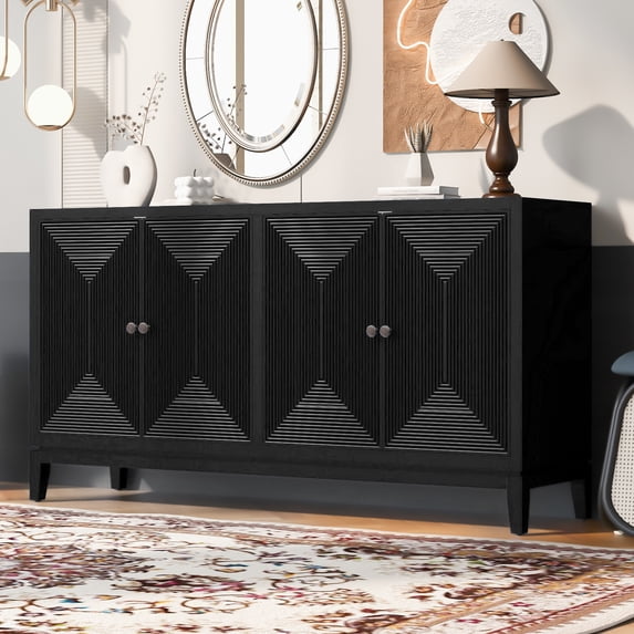 Fluted Sideboard Storage Cabinet, Large Coffee Bar Cabinet With 4 Doors And Adjustable Shelves, Modern Accent Console Table With Worktop For Living Room