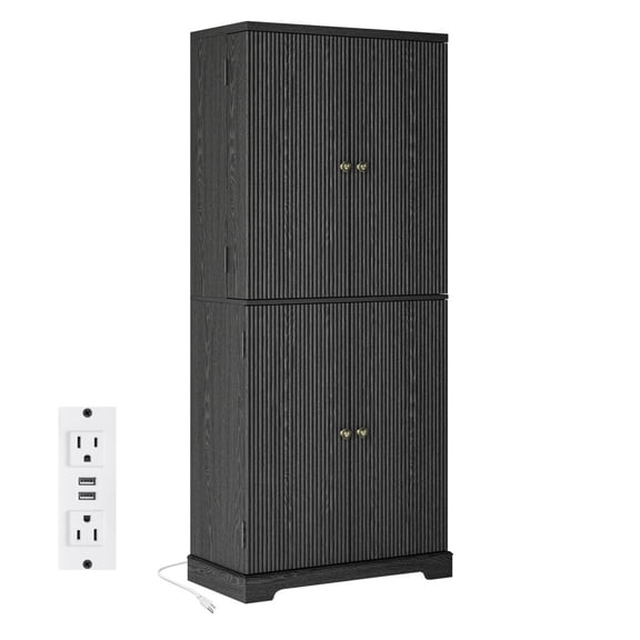 Fluted Sideboard and Buffets, Walnut Buffet Cabinet with 4 Doors and Adjustable Shelves, Accent Cabinet for Living Room Kitchen Entryway