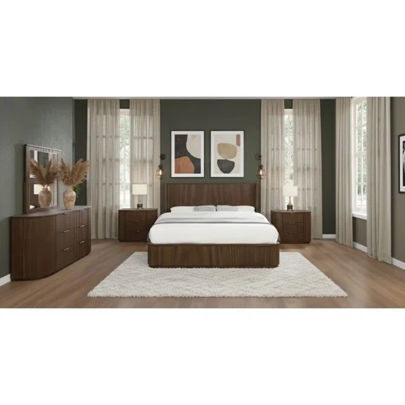 Fluted Solid Wood 5-Piece Modern Bedroom Set, Queen Bed, 2 Nightstand Dresser and Mirror, Brown