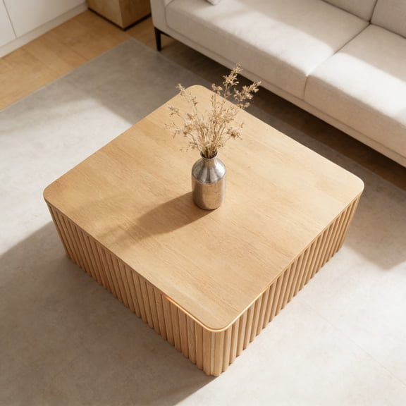 Fluted Square Coffee Table with Storage, Large Wood Center Table with Solid Wood Veneer Top, Mid Century Modern Low Coffee Table for Living Room, Natural
