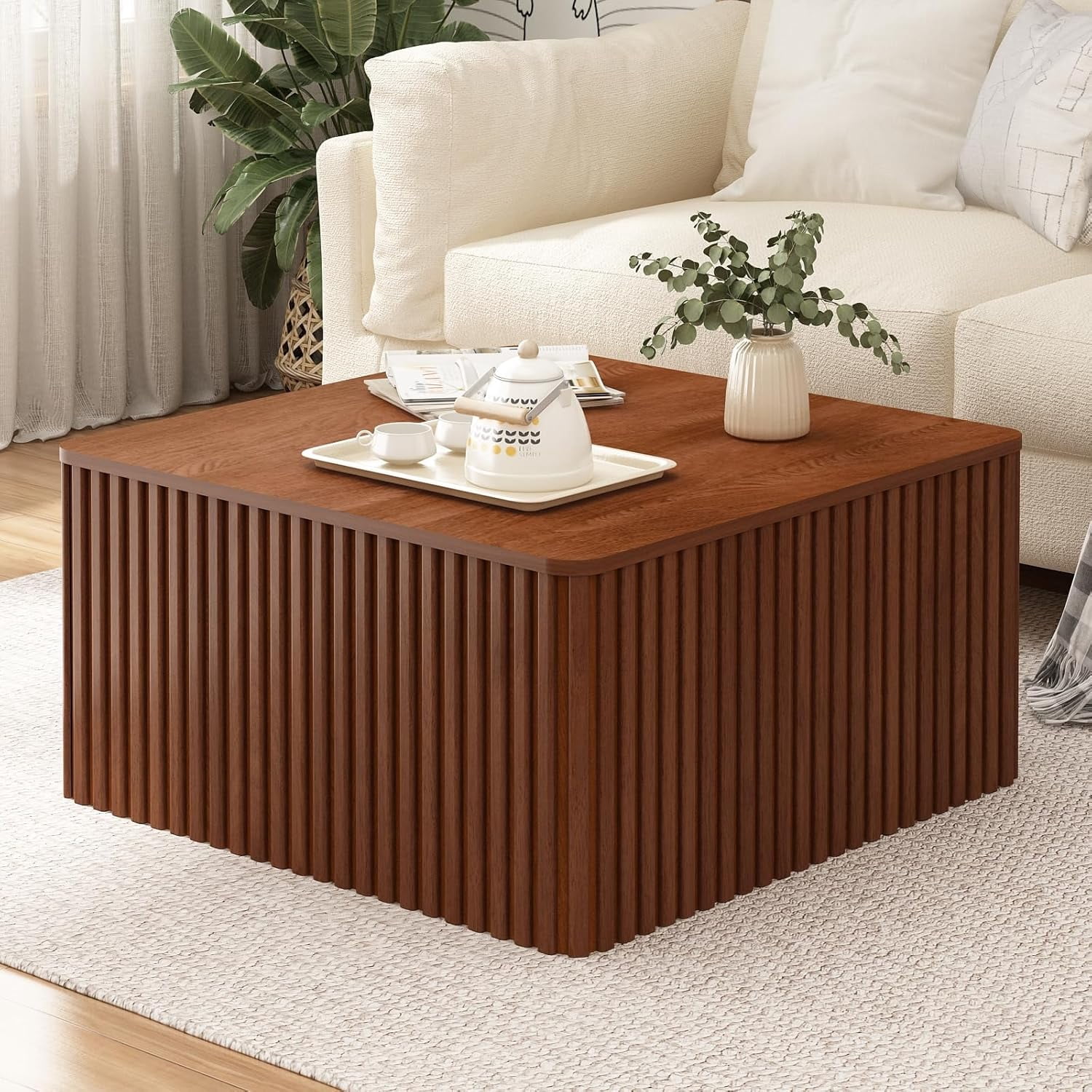 Fluted Square Coffee Table with Storage Large Wood Center Table with Solid Wood Veneer Top Mid Century Modern Low Coffee Table for Living Room, Rustic Brown