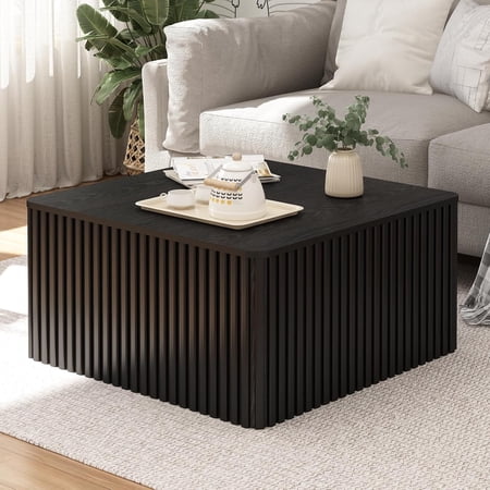 Fluted Square Coffee Table with Storage Large Wood Center Table with Solid Wood Veneer Top Mid Century Modern Low Coffee Table for Living Room, Black
