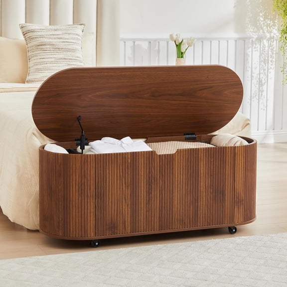 Fluted Storage Bench with 4 Wheels, 43.3” Oval Storage Chest with Safety Hinges, Large Storage Trunk Toy Chest, Modern Wooden End of Bed Bench with Lift Top for Entryway Bedroom Living Room, Walnut