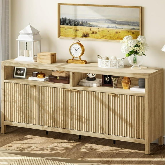 Fluted Storage Cabinet 65.8" Adjustable 3-Tier, Modren Entryway Organizer with Fluted Doors and Gold Handle, Waterproof Design for Kitchen, Entryway, Dining Room, and Home Office