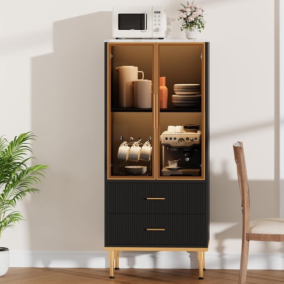 Fluted Storage Cabinet with Glass Door and 2 Drawers, Modern Display Storage Cabinet, Kitchen Pantry with Adjustable Shelves for Collectibles, Living Room, Office