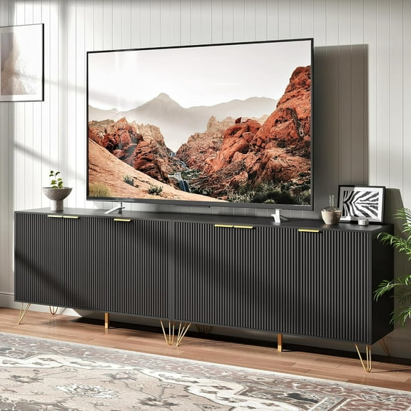 Fluted TV Stand for 100 Inch TV,Black TV Stands for Living Room,Modern Entertainment Center with Storage Cabinets,Adjustable Shelves & Gold Handles,Wood Media Console for Living Room