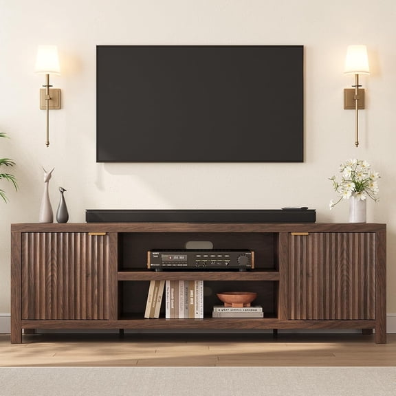 Fluted TV Stand for 75+ Inch, Modern Entertainment Center with 2-Tier Storage & Adjustable Shelves, Media Console Cabinet with 2 Fluted Doors and Gold Handle for Living Room Bedroom, Walnut