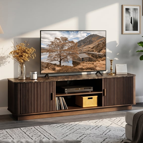 Fluted TV Stand for 75-Inch TVs, Marble-patterned countertop, Entertainment Center with Adjustable Shelves & 2 Storage Cabinets, Mid-Century TV Stand for the Living Room, Walnut