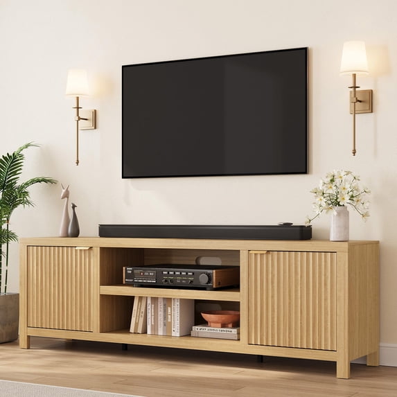 Fluted TV Stand for 80 Inch, Modern Entertainment Center with Storage, Wooden Media Console Cabinet with Fluted Door and Gold Handle for Living Room Bedroom, Natural Oak