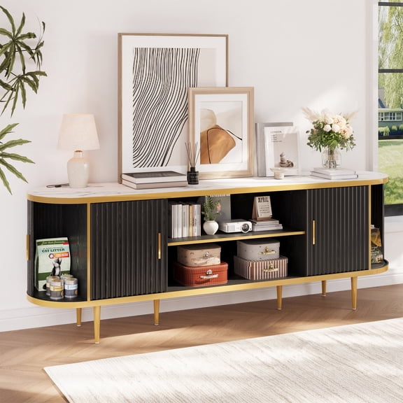 Fluted TV Stand, Modern Chic Entertainment Center for TVs Up to 80 inches, TV Console with Faux Marble Top, Curved Profile Design, Media Console for Living Room，Black